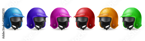 Motorcycle helmet for moto race and ride on scooter. Vector realistic set illustrations of 3d retro color helmets with visor and black glasses in angle view isolated on white background