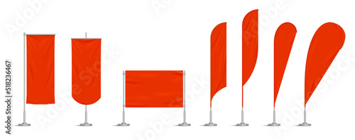 Red and black vinyl flags and set banners on metal pole. Vector realistic template of fabric promotion posters, advertising striped canvas pennants hanging on metal frame and stand