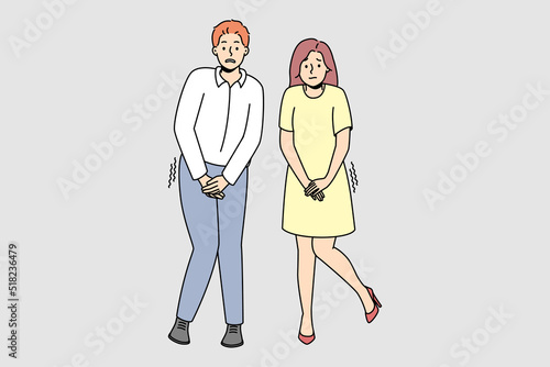 Man and woman want to pee. Couple suffer from urinary infection or health problem. Healthcare concept. Vector illustration. 