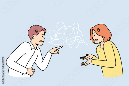 Couple fight involved in toxic relationship blaming each other. Man and woman argue lead to breakup or divorce. Relation problem. Vector illustration. 