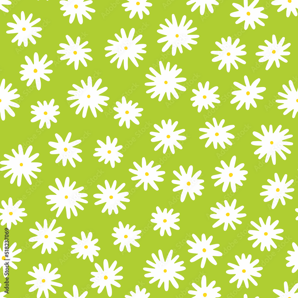 Camomile seamless vector pattern. Hand-drawn white flowers with yellow centers isolated on green background. Botanical ornament. Cute plant illustration for wallpaper, wrapping paper, clothing, prints Camomile seamless vector pattern. Hand-drawn white flowers with yellow centers isolated on green background. Botanical ornament. Cute plant illustration for wallpaper, wrapping paper, clothing, prints