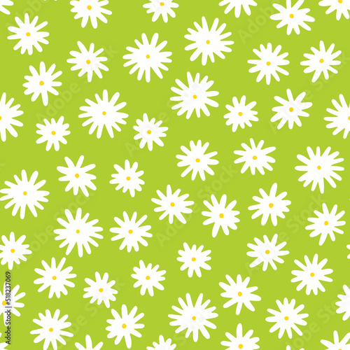 Camomile seamless vector pattern. Hand-drawn white flowers with yellow centers isolated on green background. Botanical ornament. Cute plant illustration for wallpaper, wrapping paper, clothing, prints