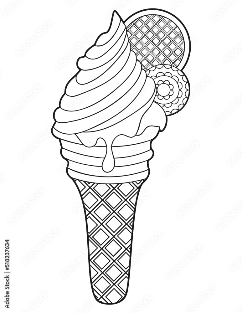 Coloring page Ice cream in a waffle cup. Vector illustration Coloring page Ice cream in a waffle cup. Vector illustration