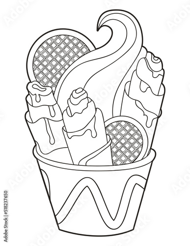 Coloring page Stir-fried ice cream. Thai rolled ice cream.