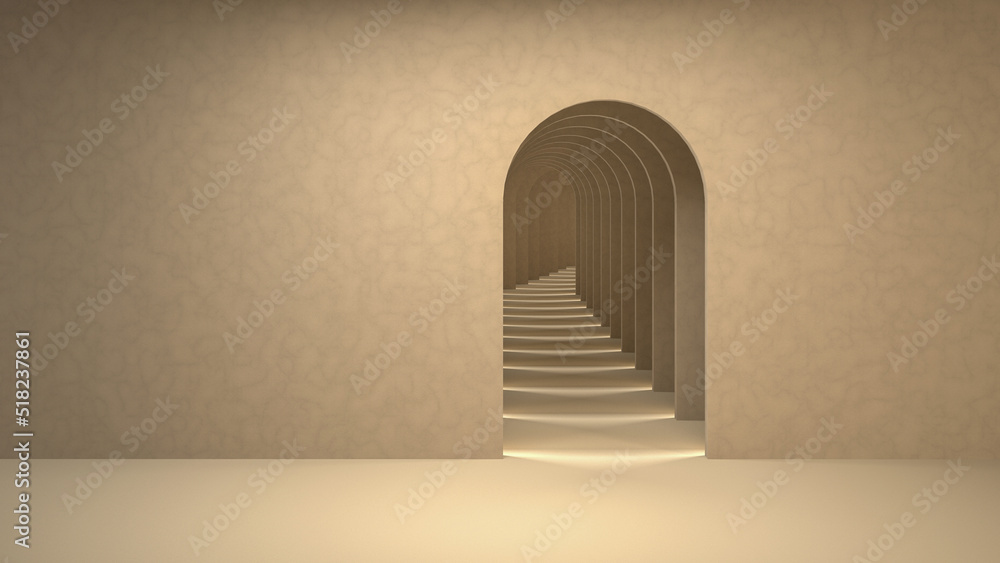 3d Surreal Render, Abstract Modern Minimal Empty Room Scene with Sand Color Pastel Tones Archs for Product Display. 3d Surreal Render, Abstract Modern Minimal Empty Room Scene with Sand Color Pastel Tones Archs for Product Display.