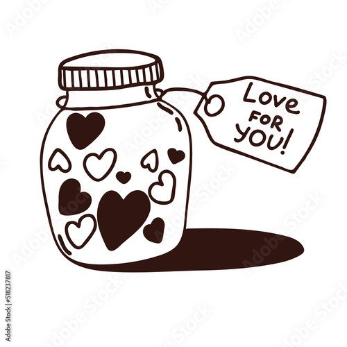 A cute cartoon jar filled with heart. Love and valentine's day concept. Hand drawn jar with a love message. Vector illustration for cards, postcards, greetings.