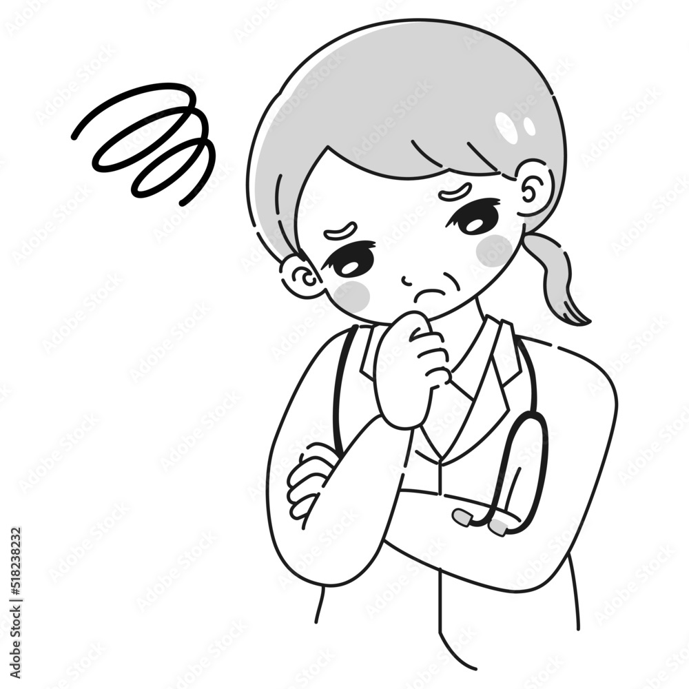 腕を組んで悩む白衣を着たシニア女性のイラスト（聴診器付き）
