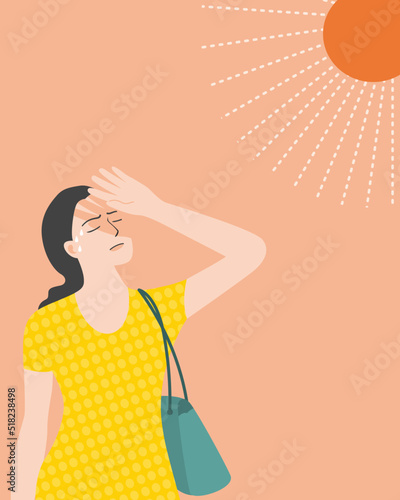 A beautiful woman under the sun and to become a heat stroke. Flat vector illustration.