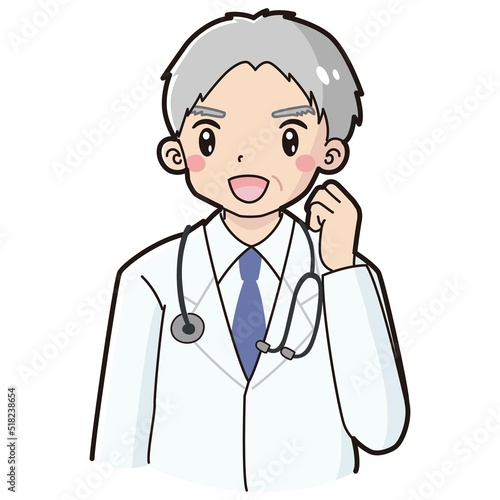 ガッツポーズをする白衣を着たシニア男性のイラスト（聴診器付き）