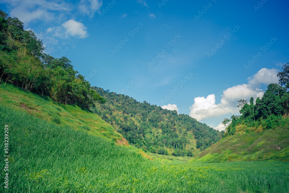 Ton Nam Green Mountain with meadow and river at Khun Dan Prakarn Chon Dam Nakhon Nayok Thailand.