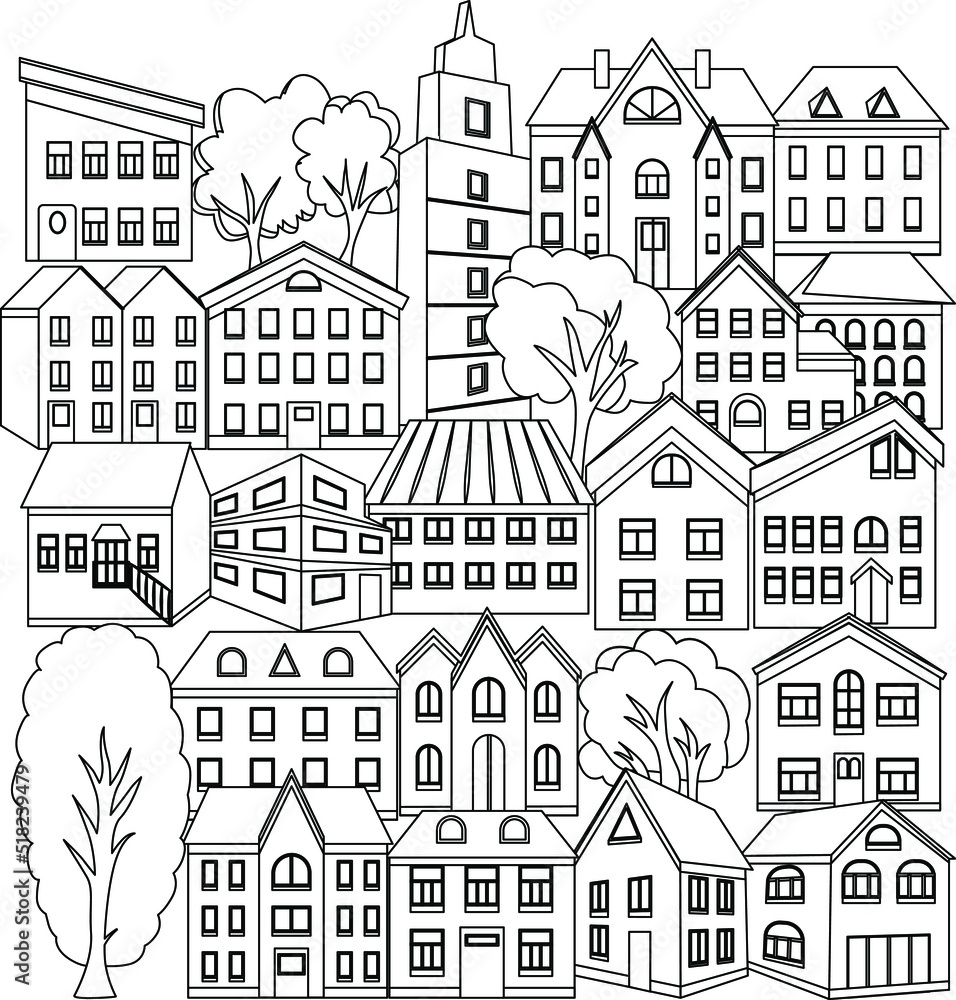 Vector coloring city, houses, trees. Coloring house. For print and web.