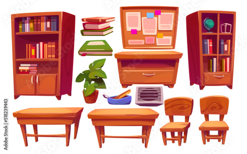 Classroom interior set, school or college class furniture, student desks and chairs, schedule board hanging and books in cupboard, objects of room for studying, Cartoon vector isolated illustration