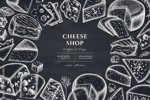 Cheese hand drawn illustration design. Background with chalk brie, gouda cheese, roquefort, etc.