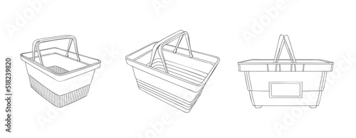 Set empty plastic shopping basket. Supermarket food basket. Visiting grocery store to purchase goods, food and drinks. Days of promotions and sales. Sketch, linear contour drawing in minimalist style