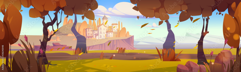 Naklejka premium Autumn mediterranean landscape with city on island in sea harbor, trees with orange leaves and mountains on horizon. Vector cartoon illustration of fall scene with forest and town on lake coast