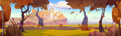 Autumn mediterranean landscape with city on island in sea harbor, trees with orange leaves and mountains on horizon. Vector cartoon illustration of fall scene with forest and town on lake coast