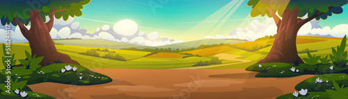 Cartoon nature landscape, summer sunny forest panoramic background with green trees, white blooming flowers and rural field under blue sky with sun beams, scenery woodland, Vector illustration
