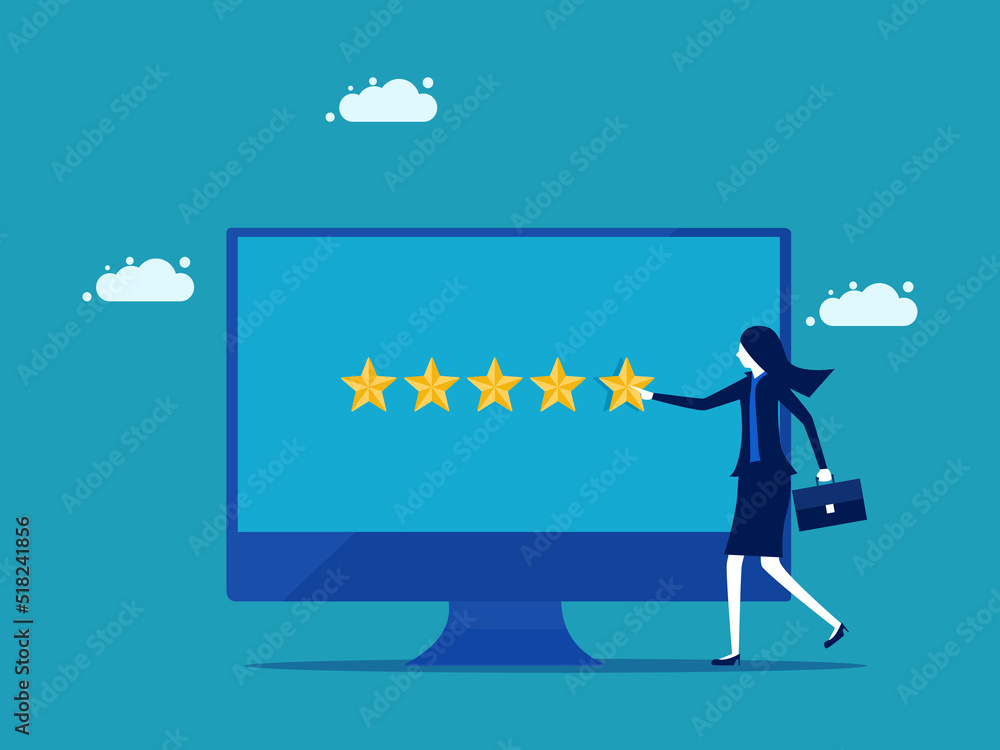feedback via online. The businesswoman gave five stars. customer experience concept vector
