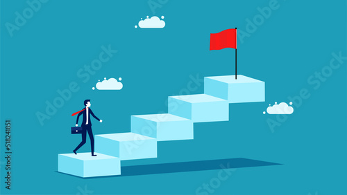 businessman walking up the stairs to grab a red flag. vector illustration eps