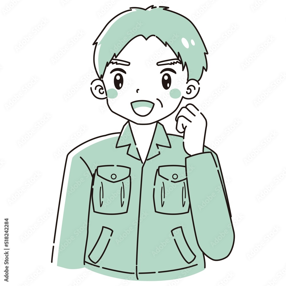 ガッツポーズをする作業着を着たシニア男性のイラスト ガッツポーズをする作業着を着たシニア男性のイラスト