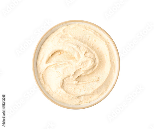 Tasty hummus in bowl isolated on white, top view