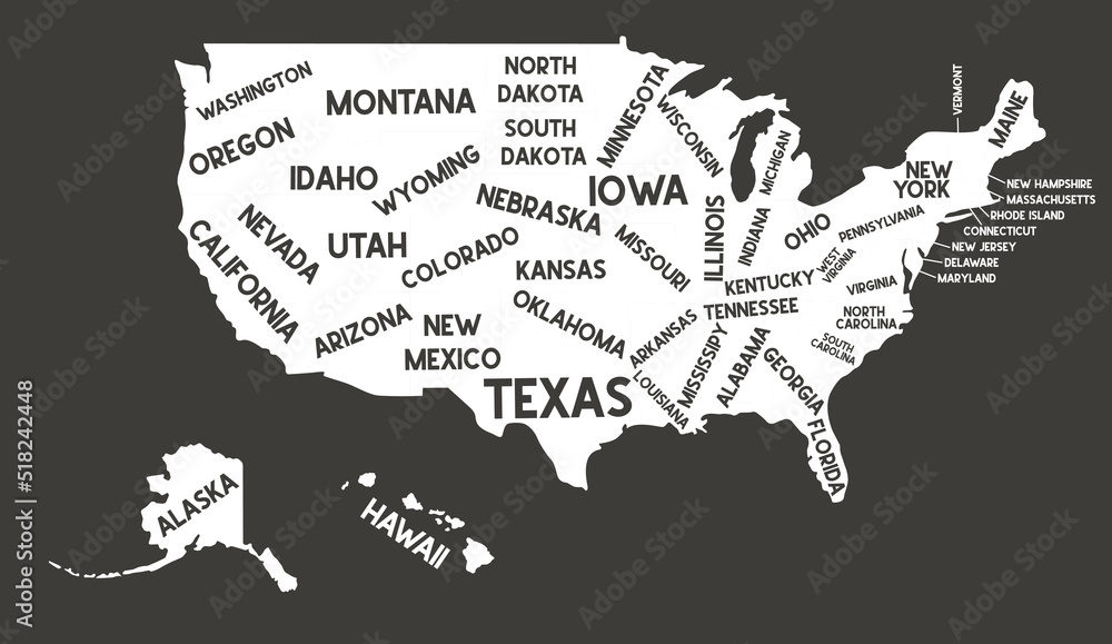 USA MAP. United States of America with text state names. Flat black and white vector illustration. American map for poster, banner, t-shirt. Design USA typography map with states text.