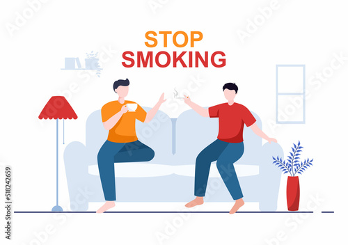 Stop Smoking or No Cigarettes for Fight Against Unhealthy Smoker Habit, Medical and as an Early Warning in Flat Cartoon Illustration © denayune