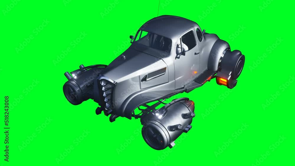Futuristic flying car. Green screen isolate. Realistic 4k animation. Futuristic flying car. Green screen isolate. Realistic 4k animation.