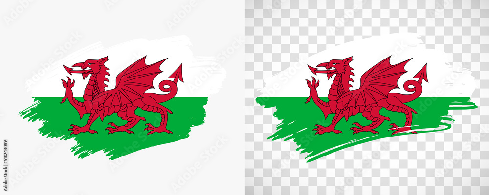 Artistic Wales flag with isolated brush painted textured with transparent and solid background Artistic Wales flag with isolated brush painted textured with transparent and solid background