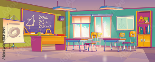 Mathematics classroom interior, school class room with teacher table, student desks, blackboard with tasks and rulers, cupboard with textbooks, maths studying poster, Cartoon vector illustration