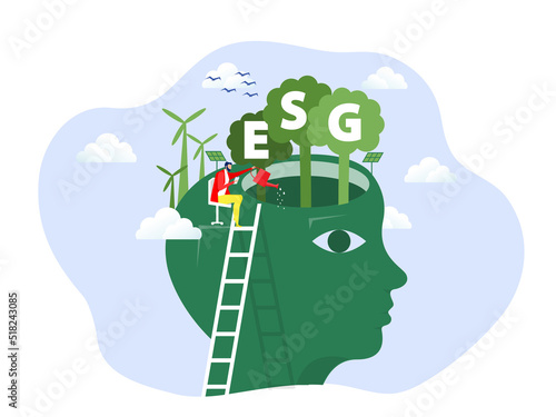 businessman water the plants  on Earth in shape of big head human with ecology problem ESG  renewable, green, safe and long term source concept vector