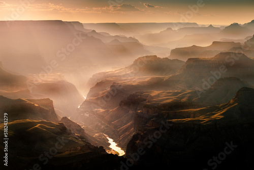Grand Canyon south rim at sunset with Colorado River, Arizona