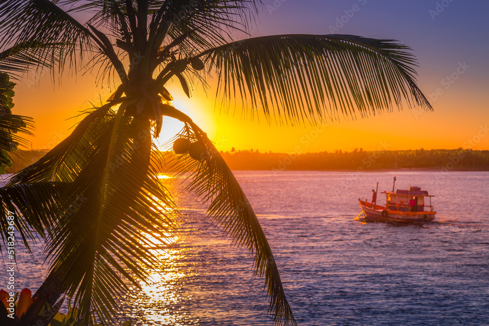 Fishermen boat and idyllic palm beach at sunset in Porto Seguro, Bahia