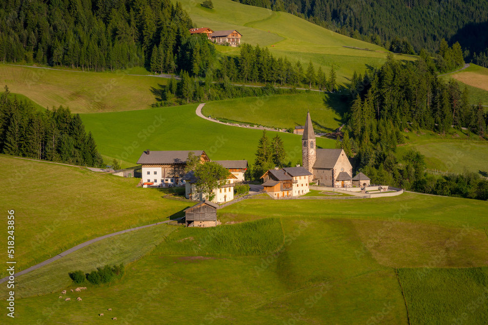 Landscape of St Magdalena with church in Dolomites, Northern Italy