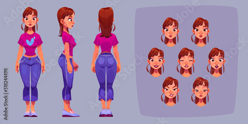 Girl character for animation, side, rear, front view and emotions. Young caucasian woman body and face construction. Avatar with different expressions. Cartoon female personage, Vector illustration