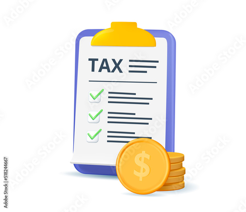 3D business icon. Filling tax form. Accounting, financial management, corporate tax, taxable income concept. 3d vector icon. Tax payment, financial revenue, business planning. Render Cartoon minimal