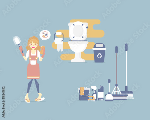 Female house cleaner, woman holding toilet brush and sponge, cleaning toilet, bathroom with mop, broom, bin, bucket, spray, chore concept, flat character design clip art vector illustration cartoon