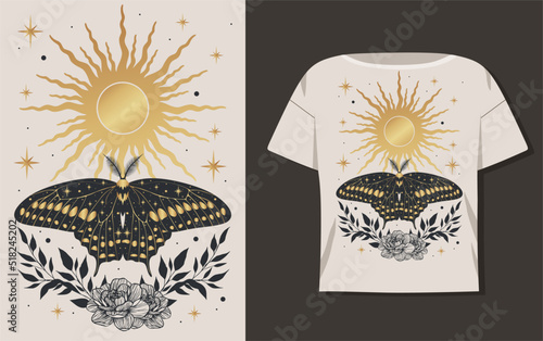 Beautiful astrology moth illustration shirt design. Vector illustration.