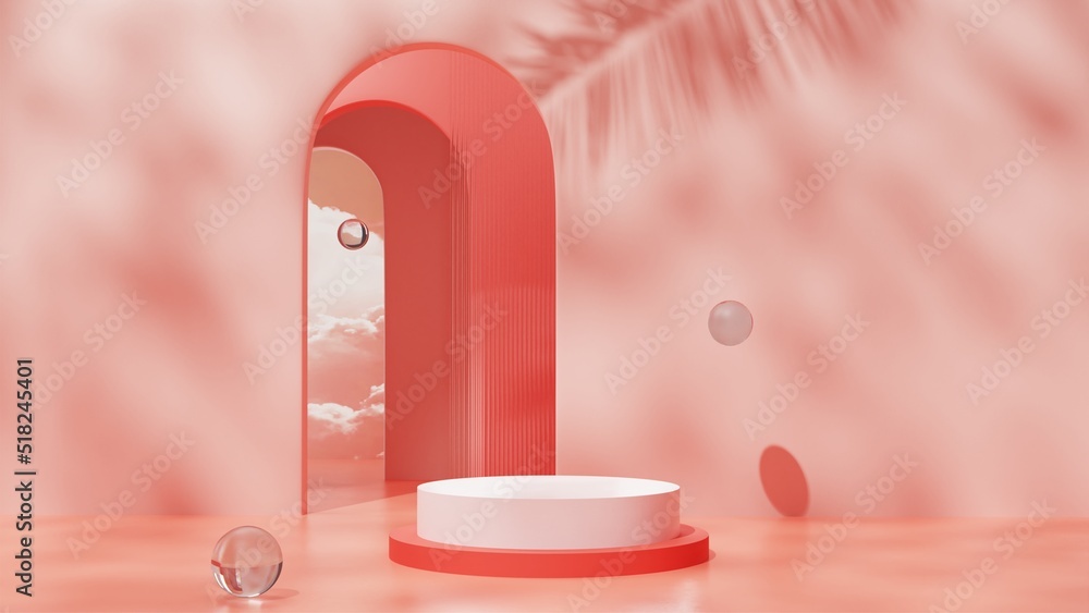 Red scene with palm shadow and arches. Minimal scene with podium. Abstract product demonstration natural background. Simple geometric, architectural corridor, portal, arched columns. Red scene with palm shadow and arches. Minimal scene with podium. Abstract product demonstration natural background. Simple geometric, architectural corridor, portal, arched columns.