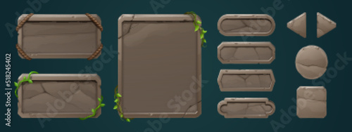 Stone game menu boards with vines. Tablets, buttons, cartoon interface plaques, frames and arrows of rocky texture with tropical lianas. Ui or gui design elements. Isolated user panel keys, Vector set