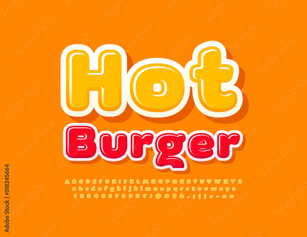 Vector colorful banner Hot Burger, Modern Glossy Font. Artistic Alphabet Letters, Numbers and Symbols set