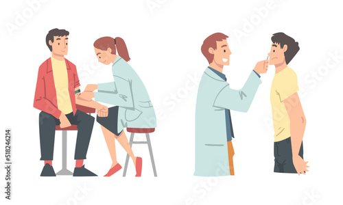 Medical diagnostics of diseases set. Nurse taking swab test and making injection cartoon vector illustration