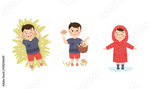 Cute little boy in everyday activities set. Smiling kid lying on green lawn, picking mushrooms and walking under rain wearing raincoat cartoon vector illustration
