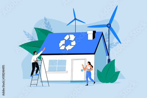 Private eco house. Renewable energy and saving electricity concept. Characters buying building. Vector illustration.