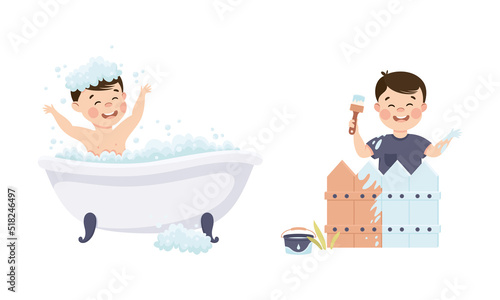 Cute little boy in everyday activities set. Smiling kid bathing in bathtub and coloring fence with brush cartoon vector illustration
