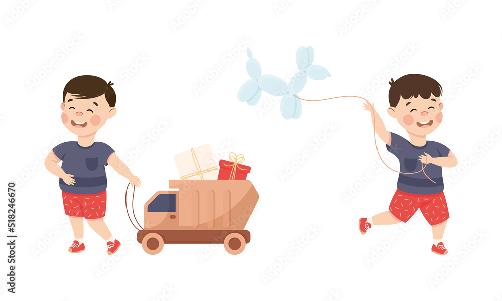 Cute little boy in everyday activities set. Smiling kid pulling toy truck and playing with dog balloon cartoon vector illustration Cute little boy in everyday activities set. Smiling kid pulling toy truck and playing with dog balloon cartoon vector illustration