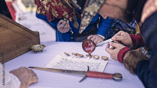 Valokuva Sealing important document in 14th century - reenactment event