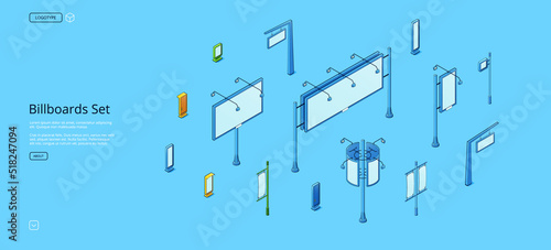 Billboards isometric web banner. Set of street signboards, stalls, booths or stands different constructions for outdoor advertising on blue background, 3d vector line art template for landing page