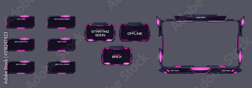 Game video stream frames, overlay panels and buttons with pink neon light. Vector cartoon template of online live streaming banners and menu bars in futuristic style isolated on background