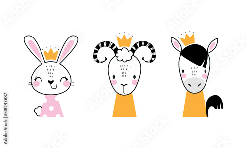 Head cute funny animals with golden crowns set. Bunny, goatling, foal little princess hand drawn vector illustration